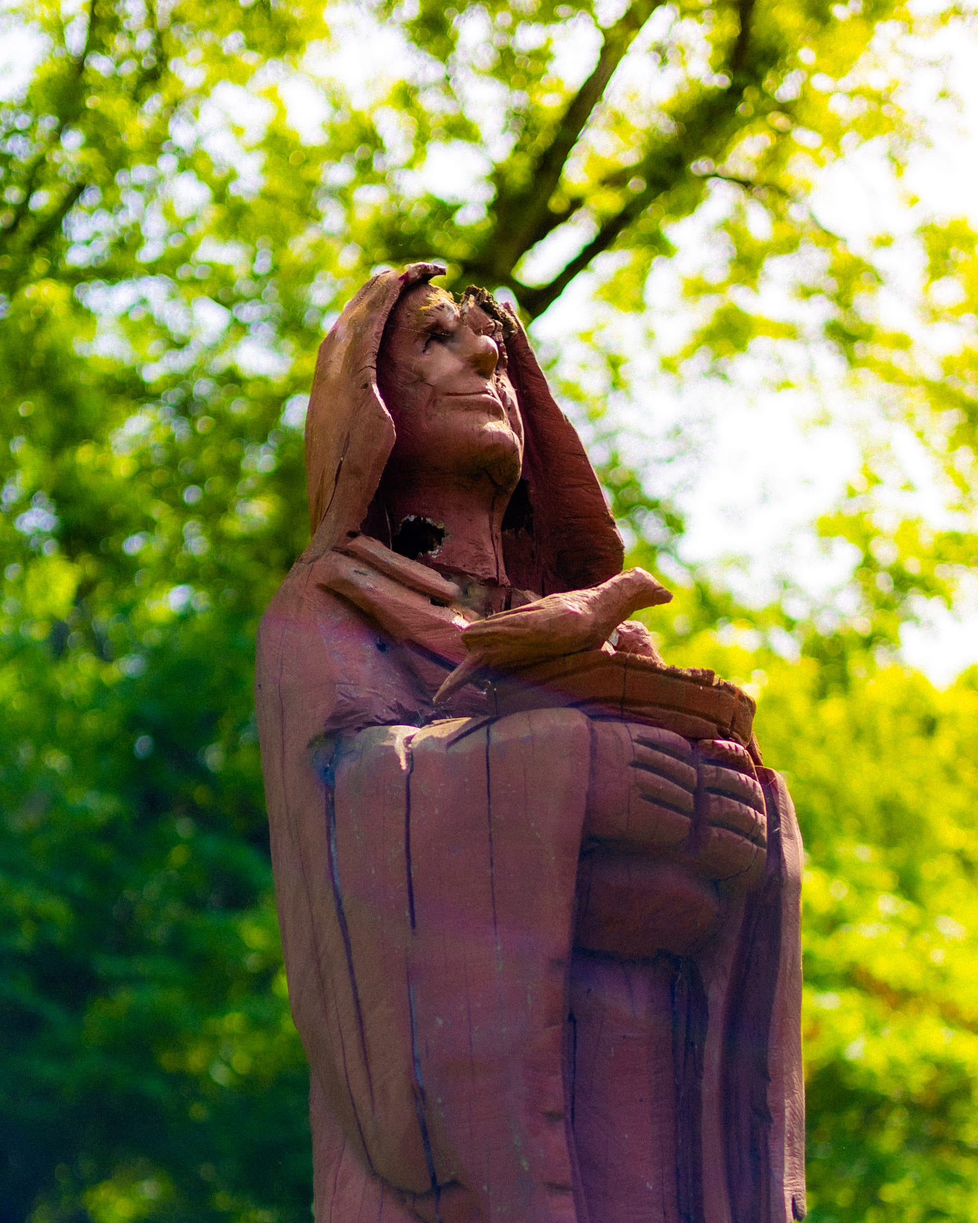 Wooden statue in garden light
