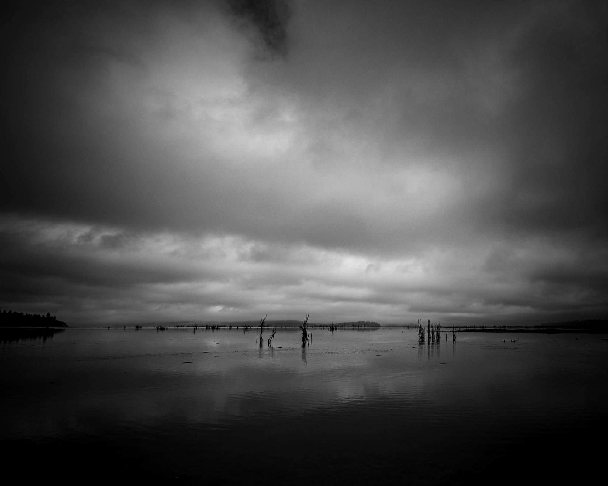 Moody lake in black and white