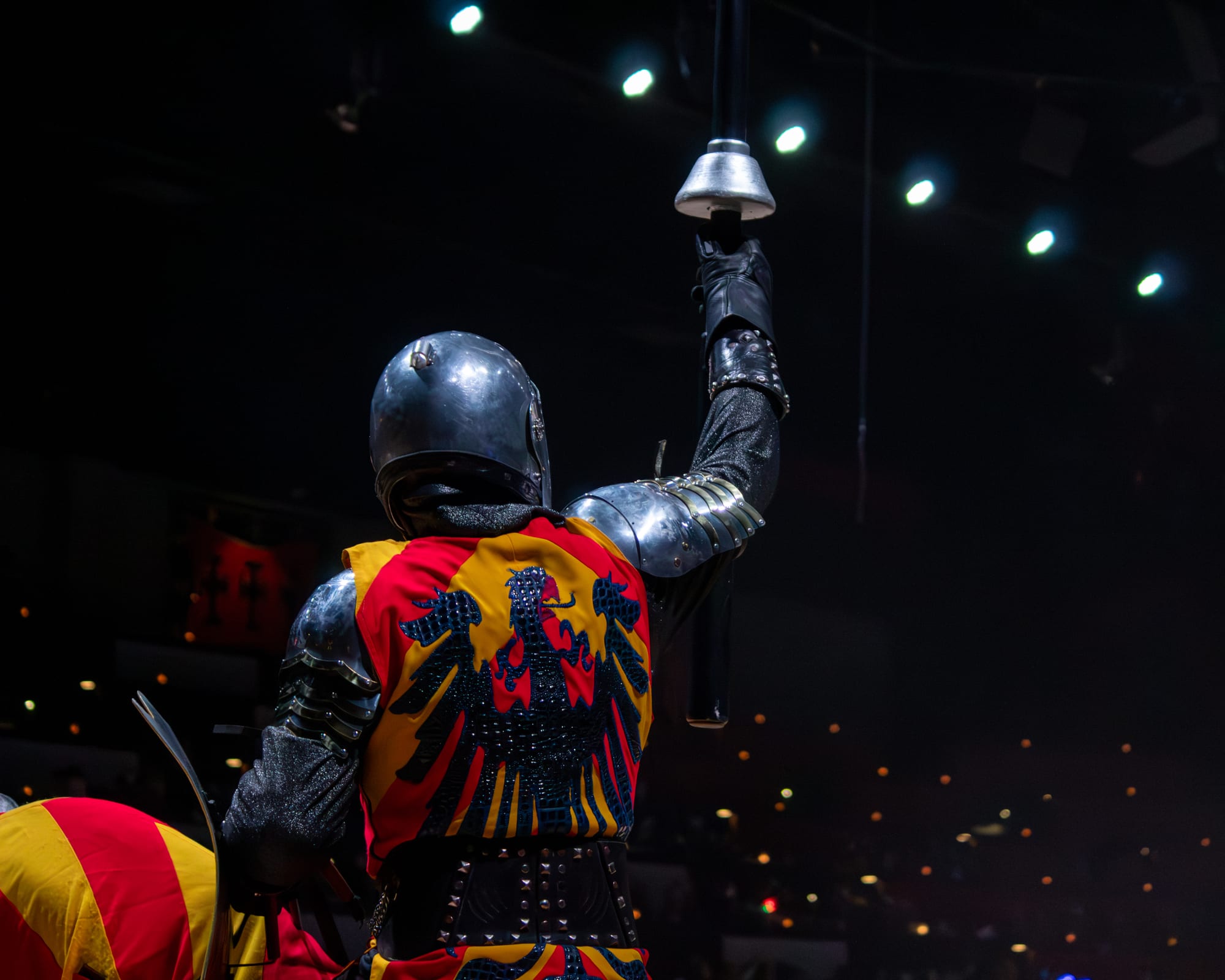 Knight raising chalice under stage lights