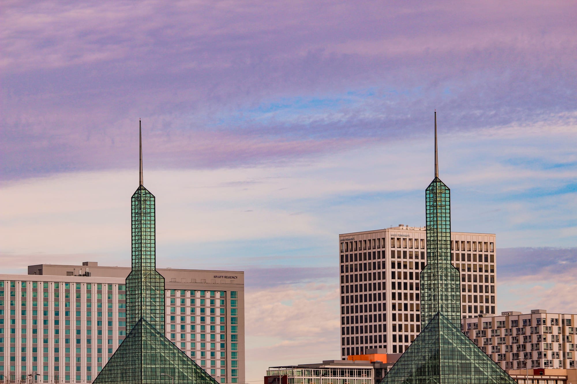 Portland skyline glass spires at dusk
